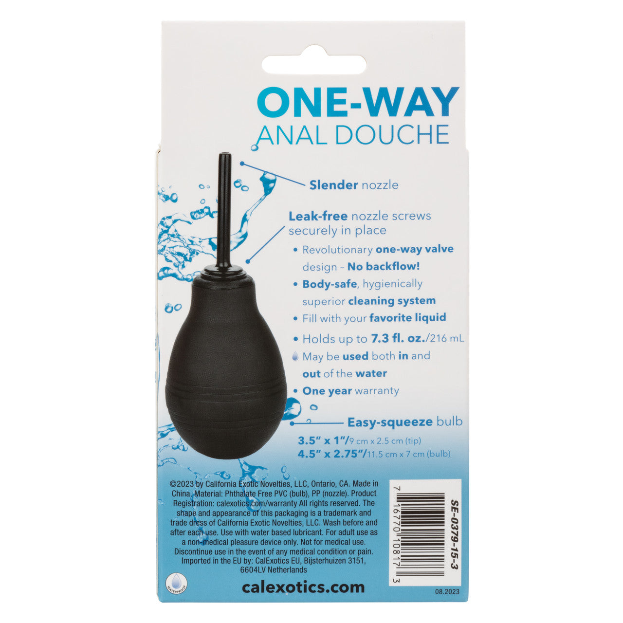Back of the One-Way Anal Douche packaging by CalExotics, showcasing product details like the slender leak-free nozzle, one-way valve design to prevent backflow, 7.3 fl. oz. capacity, body-safe materials, and dimensions (3.5" x 1"/tip and 4.5" x 2.75"/bulb). Highlights its ease of use and suitability for in-water or out-of-water cleaning.