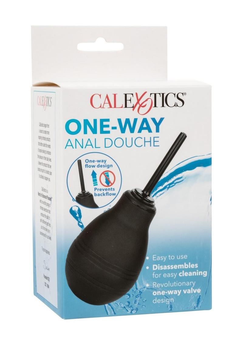 One-Way Anal Douche One-Way Anal Douche by CalExotics featuring a sleek black bulb and nozzle design. The packaging highlights its easy-to-use nature, one-way flow design to prevent backflow, 7.3 fl. oz. capacity, and 1-year warranty.