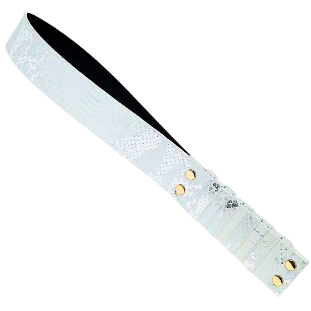 Textured bonded leather paddle with gold-tone accents, available in blue, black, and white, designed for stylish BDSM play.