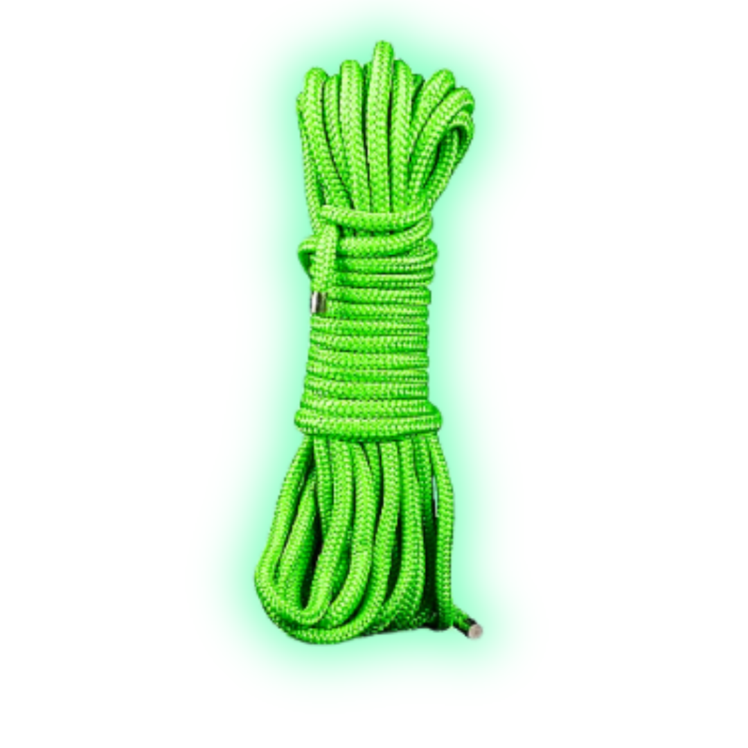 Ouch Rope 10m/16 Strings - Glow In The Dark/Green Glow-in-the-dark fluorescent green bondage rope for playful BDSM sessions. Keywords: Ouch Glow in the Dark Bondage Rope, glow-in-the-dark rope, fluorescent green bondage rope, BDSM glow rope, bondage rope for beginners, glow-in-the-dark BDSM gear, kinky rope play, bondage rope for couples, glowing fetish rope, neon bondage gear.