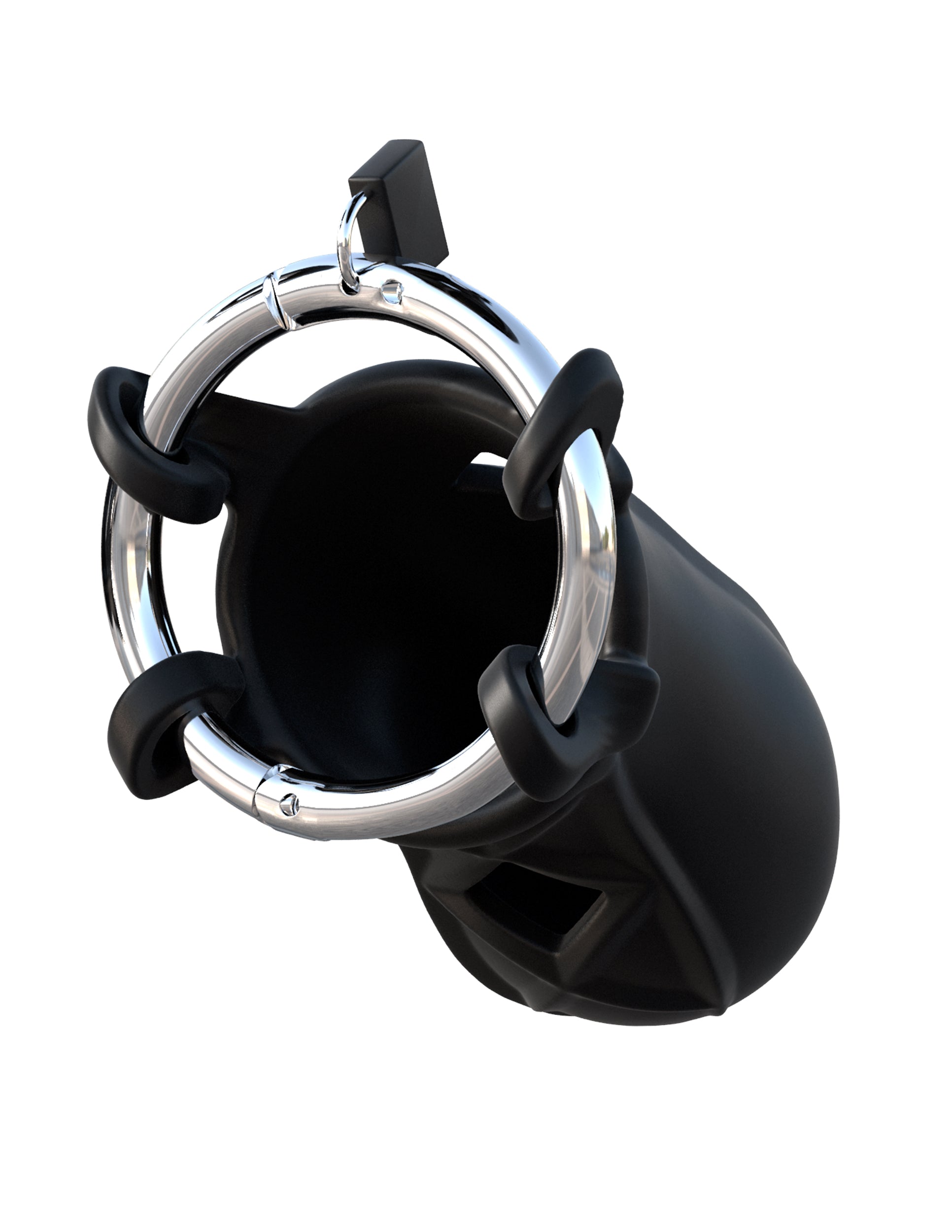 Black silicone and stainless steel chastity cage with vent holes, adjustable locking system, and discreet wearability.
male chastity device, Elite Silicone, stainless steel ring, body-safe, phthalate-free, ventilated design, long-term wear, BDSM gear, fetish, kink, cock and ball gear, discreet chastity.