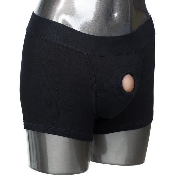 Packer Gear Black Boxer Brief Harness with stretchy fabric, reinforced O-ring, packer pouch, and 2-panel design for comfortable, stylish packing.
Packer Gear Black Boxer Brief Harness, strapless harness briefs, packer-friendly boxer briefs, natural look harness, double penetration briefs, reinforced O-ring packer briefs, phthalate-free harness, washable boxer brief harness, bullet pocket harness briefs, plus size harness