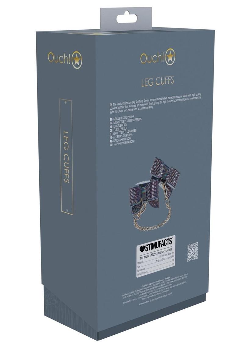 Paris Collection Ankle Cuffs, BDSM ankle cuffs, rhinestone cuffs, Ouch! accessories, adjustable ankle cuffs, vegan-friendly BDSM gear, decorative cuffs, gold-tone leash, iridescent ankle cuffs, Shots Toys warranty.