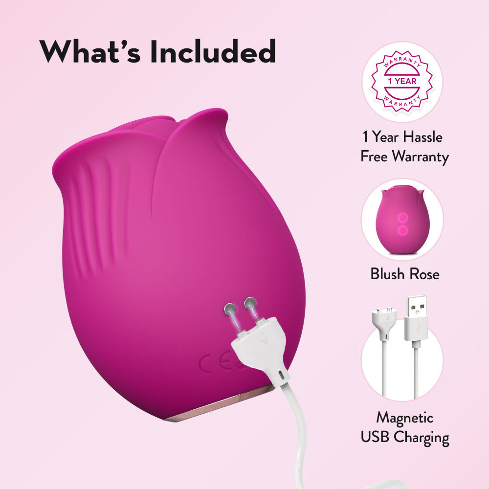 Pink rose silicone massager with Air Wave suction, 9 settings, 6 speeds, 3 patterns, splashproof, and USB rechargeable for clitoral and nipple play.
Blush Rose massager, rose silicone massager, Air Wave suction vibrator, clitoral stimulation, nipple play, 9 air wave sensations, 6 speeds, USB rechargeable, splashproof vibrator, body-safe silicone, elegant vibrator, travel-friendly massager.