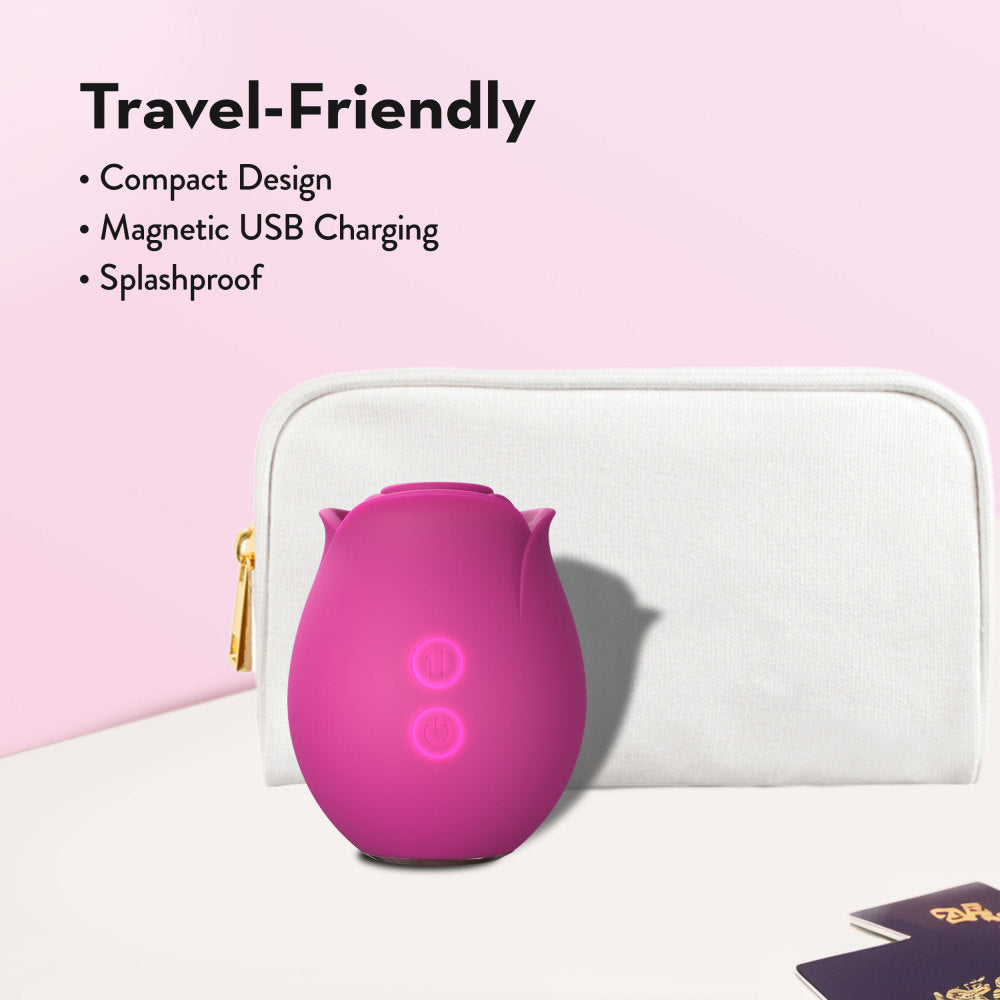 Pink rose silicone massager with Air Wave suction, 9 settings, 6 speeds, 3 patterns, splashproof, and USB rechargeable for clitoral and nipple play.
Blush Rose massager, rose silicone massager, Air Wave suction vibrator, clitoral stimulation, nipple play, 9 air wave sensations, 6 speeds, USB rechargeable, splashproof vibrator, body-safe silicone, elegant vibrator, travel-friendly massager.