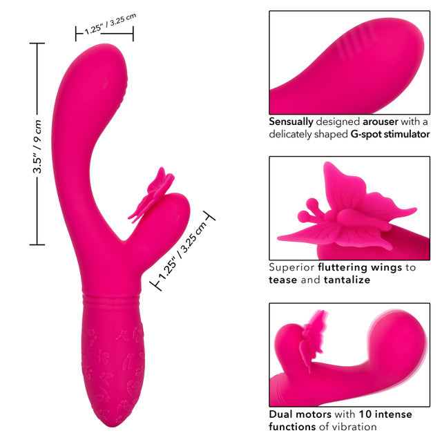 Pink rechargeable vibrator with a butterfly teaser, dual motors, and 10 vibration functions; waterproof and body-safe.
Butterfly Kiss Flutter, rechargeable vibrator, dual-motor massager, fluttering butterfly vibrator, waterproof G-spot vibrator, beginner-friendly vibrator, silicone vibrator, pink vibrator, USB rechargeable vibrator, 10 vibration functions, intimate pleasure toy, body-safe vibrator, external and internal vibrator, tickling teaser.