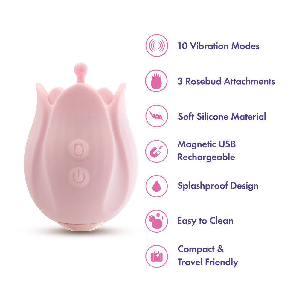 Pink rosebud silicone vibrator with 10 modes, 3 textured attachments, splashproof, USB rechargeable, and perfect for clitoral and nipple play.
Rose vibrator, silicone rose vibrator, rosebud attachments, clitoral stimulation, nipple stimulation, 10 vibration modes, USB rechargeable vibrator, splashproof massager, body-safe silicone, discreet vibrator, travel-friendly vibrator