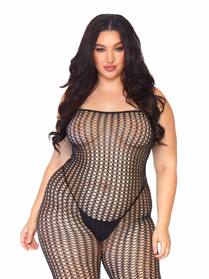Plus-size black crochet net bodystocking with spaghetti straps and an open crotch, featuring a curve-hugging design for a bold and sensual look.