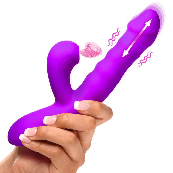 Purple G-spot and clit-sucking rabbit vibrator with a ribbed, thrusting shaft and suction arm. Features 3 suction speeds, 7 suction patterns, and 8 vibration patterns.