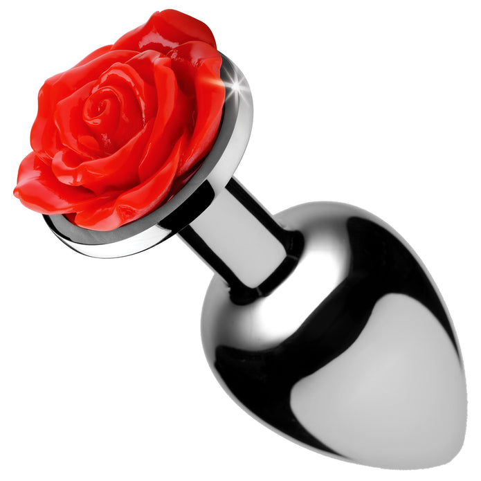 Red rose anal plug in nickel-free aluminum, available in Small or Medium sizes. Smooth, tapered, and temperature-sensitive for stylish and safe play.