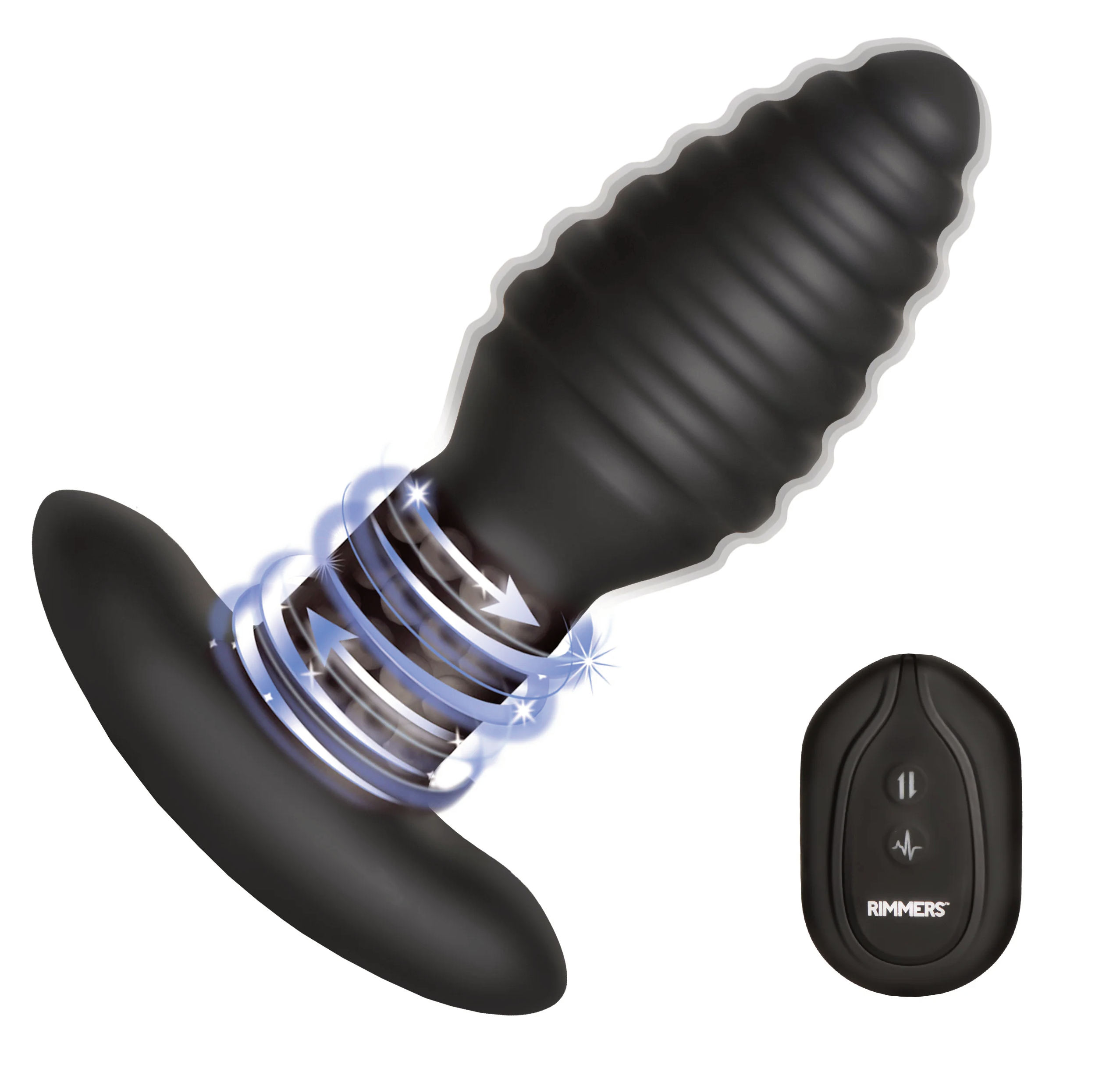 Vibrating and Rimming Butt Plug: Body-safe silicone plug with ribbed texture, remote control, 3 speeds, 4 patterns, and rechargeable design.