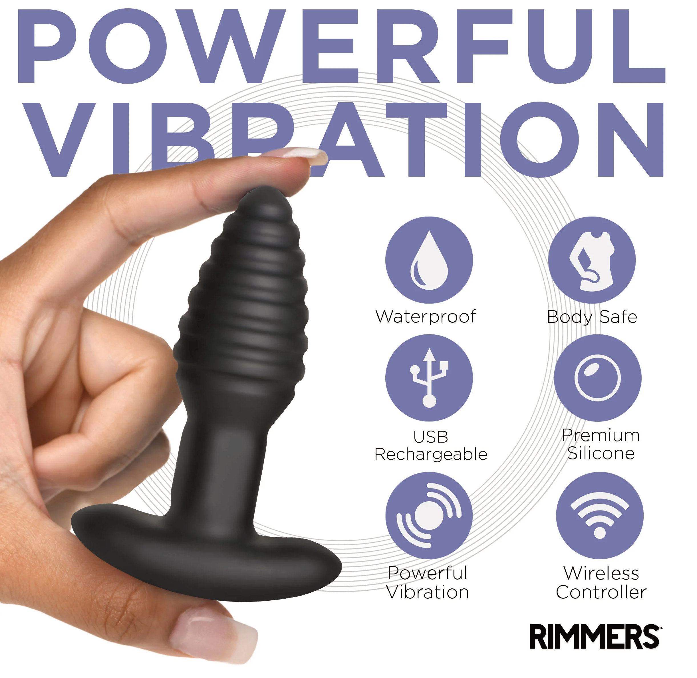 Vibrating and Rimming Butt Plug: Body-safe silicone plug with ribbed texture, remote control, 3 speeds, 4 patterns, and rechargeable design.