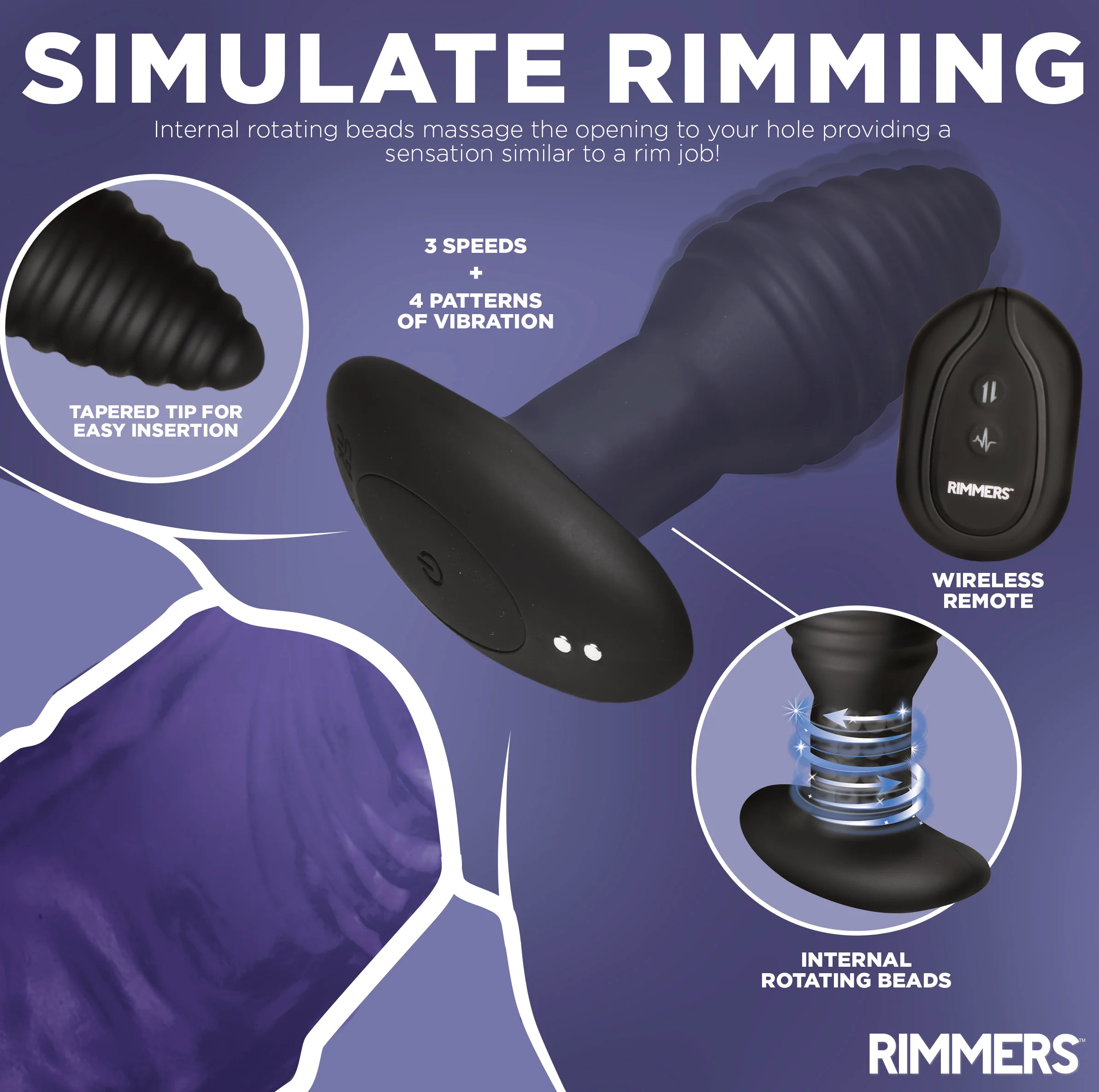 Vibrating and Rimming Butt Plug: Body-safe silicone plug with ribbed texture, remote control, 3 speeds, 4 patterns, and rechargeable design.