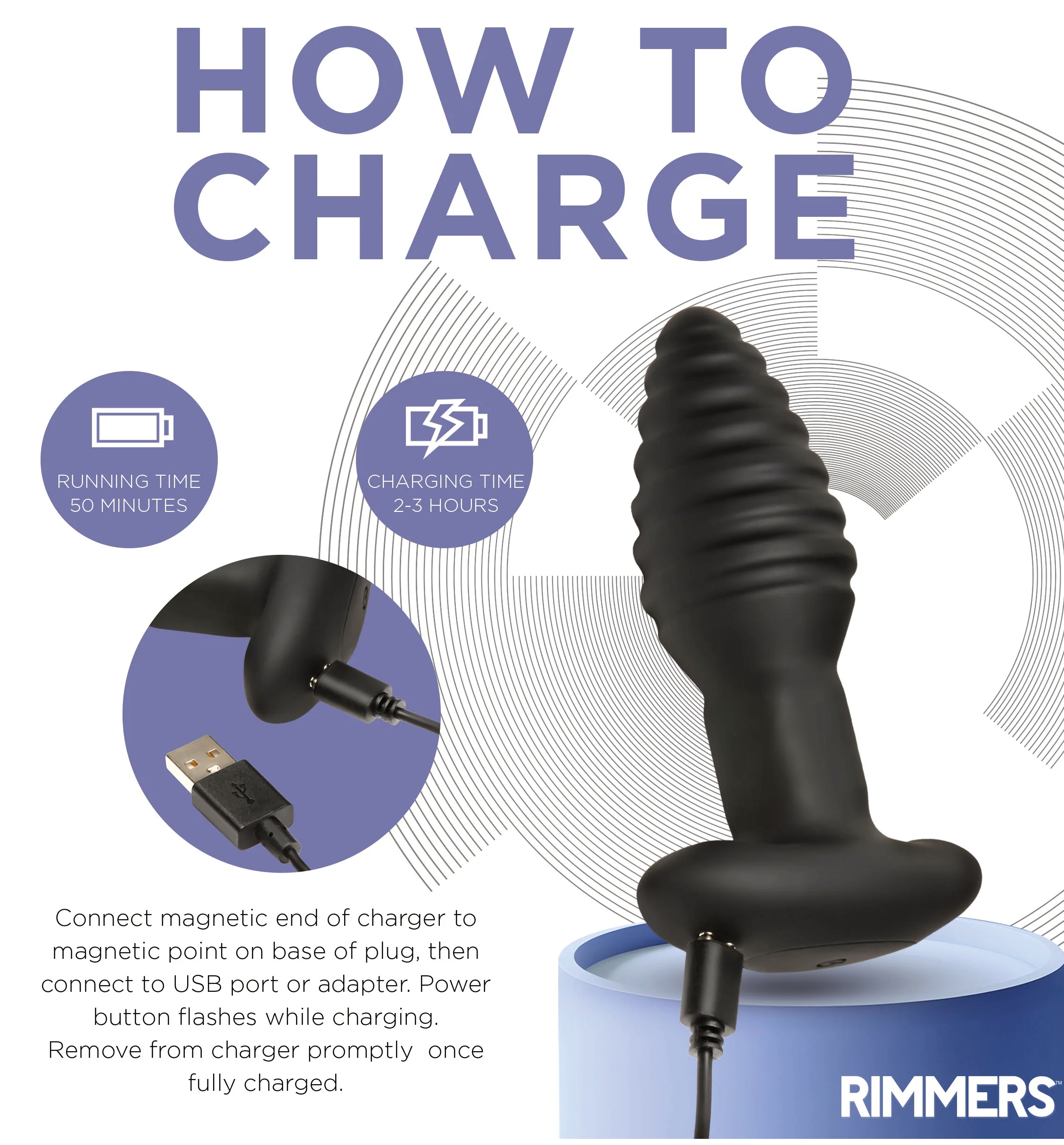 Vibrating and Rimming Butt Plug: Body-safe silicone plug with ribbed texture, remote control, 3 speeds, 4 patterns, and rechargeable design.