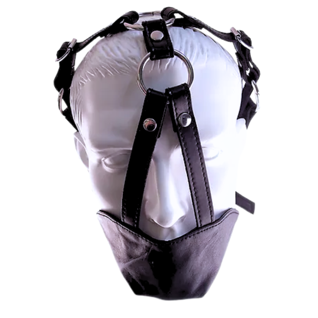 Black leather mouth chin gag with adjustable straps and two O-rings, offering comfort and control for BDSM restraint play.