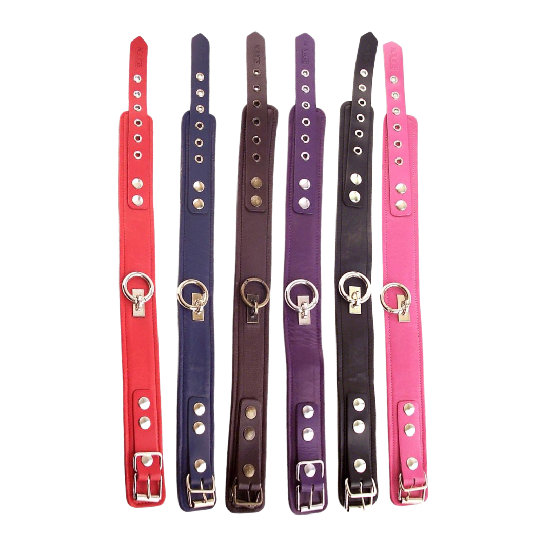 leather collar, collar with removable O-Ring, adjustable leather collar, steel buckle collar, vibrant color leather collar, BDSM leather collar, roleplay collar, stylish everyday collar, durable leather collar, leather collar with O-Ring, red leather collar, black leather collar, pink leather collar, purple leather collar, blue leather collar, customizable leather collar, lightweight leather collar, versatile leather collar.