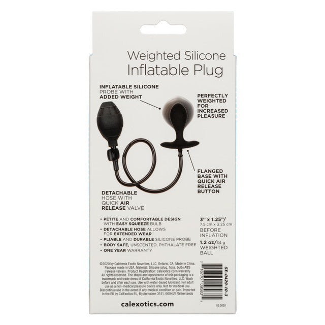 CalExotics Weighted Silicone Inflatable Plug with 1.2 oz weighted ball, customizable inflation, detachable hose, and quick-release valve for anal pleasure.
weighted inflatable plug, CalExotics inflatable anal plug, silicone anal plug, adjustable anal plug, weighted anal toy, customizable anal probe, phthalate-free inflatable plug, inflatable anal toy, quick-release anal plug, flexible silicone anal plug.
