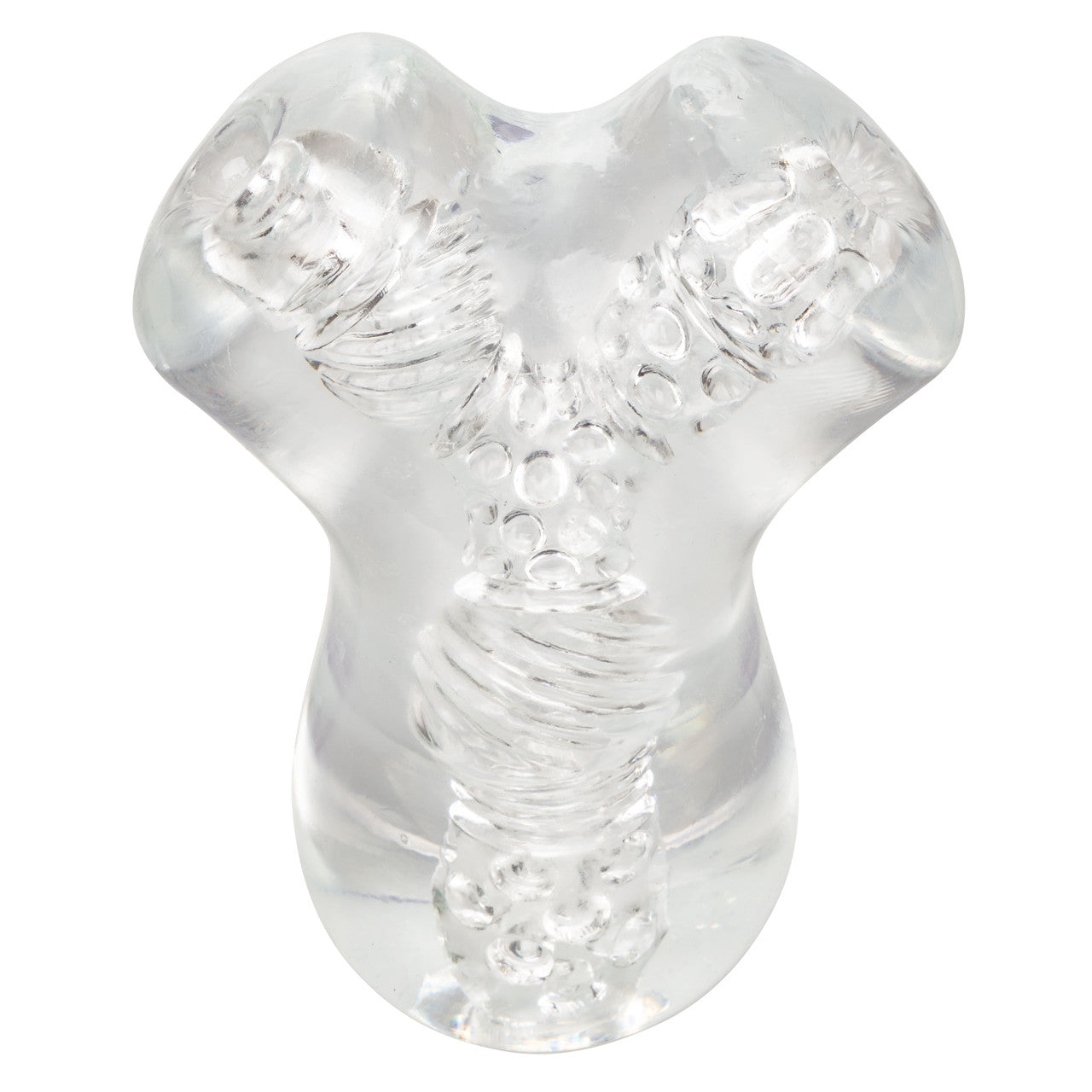 Clear, dual-chamber stroker with ribbed design, lifelike material, and easy-clean open end.
dual-chamber masturbator, transparent stroker, lifelike stroker, waterproof masturbator, phthalate-free stroker, easy-clean stroker, intense stimulation stroker, soft stretchy stroker, TPE masturbator.