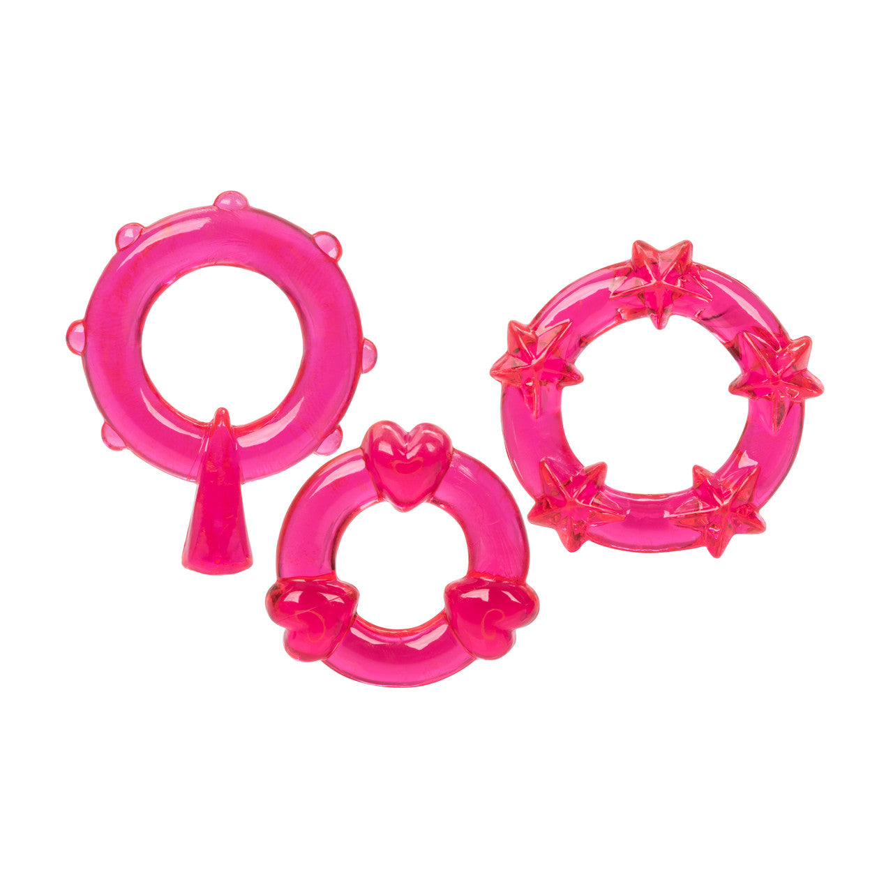 Magic C-Rings in Clear, Red, or Blue with heart and star-shaped pleasure nodules, made of soft TPR for enhanced stamina and stimulation.
erection enhancer rings, stretchy cock rings, heart and star-shaped cock rings, TPR cock rings, phthalate-free erection rings, stamina-boosting cock rings, reusable cock rings, waterproof enhancer rings, textured cock rings.