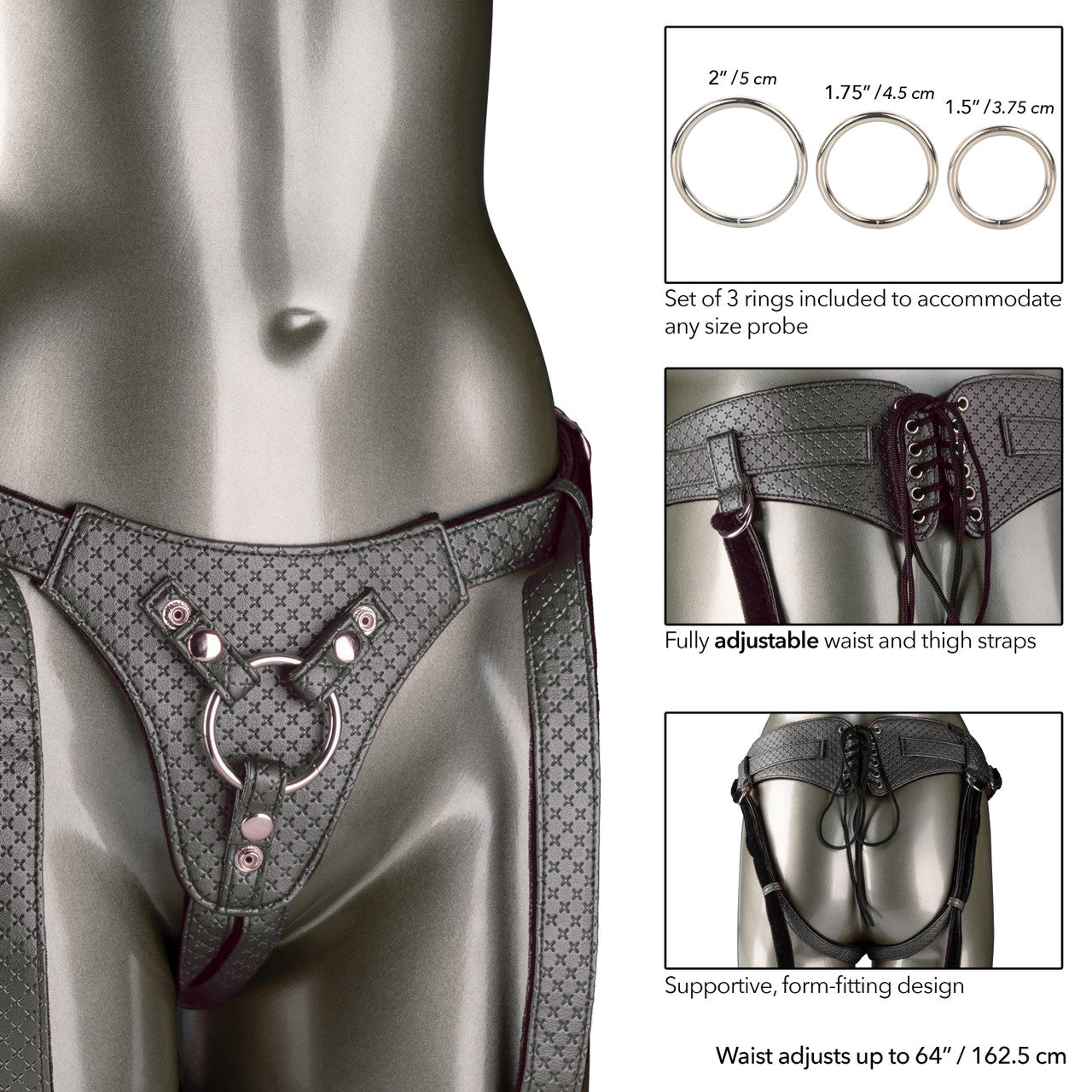 The Regal® Queen harness in Red Bronze or Gray Pewter, featuring a corset-inspired lace design, plush velvet lining, and adjustable buckle closure, perfect for customizable probe play.
luxurious strap-on, vegan leather harness, corset-style harness, plush velvet lining, adjustable buckle closure, phthalate-free harness, crotchless design, probe play harness, Red Bronze, Gray Pewter, premium harness.