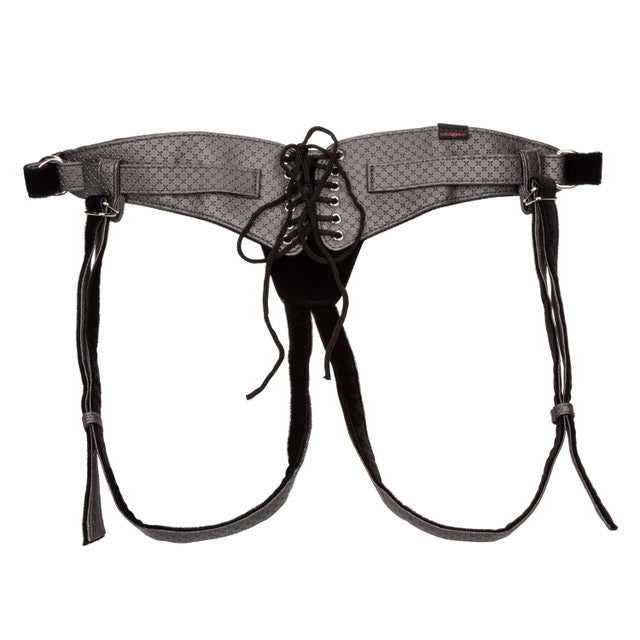 The Regal® Queen harness in Red Bronze or Gray Pewter, featuring a corset-inspired lace design, plush velvet lining, and adjustable buckle closure, perfect for customizable probe play.
luxurious strap-on, vegan leather harness, corset-style harness, plush velvet lining, adjustable buckle closure, phthalate-free harness, crotchless design, probe play harness, Red Bronze, Gray Pewter, premium harness.