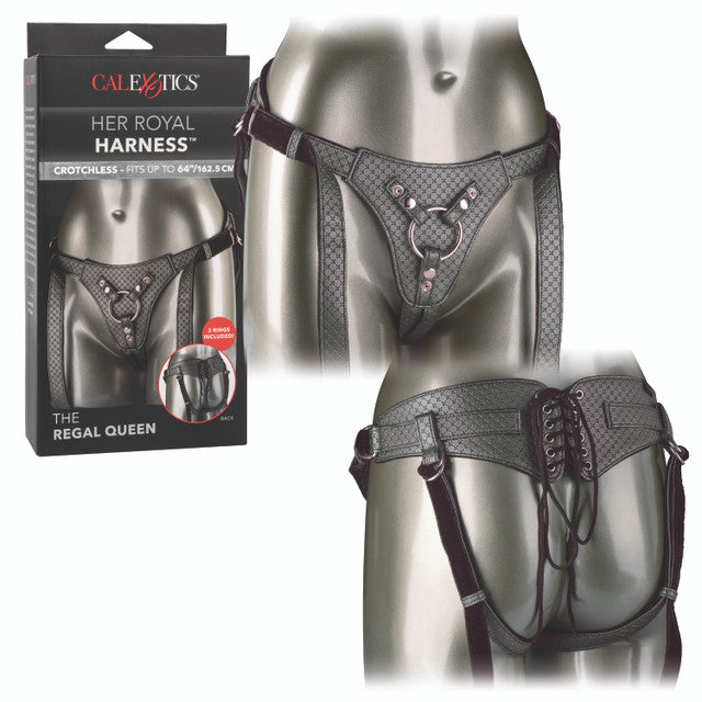The Regal® Queen harness in Red Bronze or Gray Pewter, featuring a corset-inspired lace design, plush velvet lining, and adjustable buckle closure, perfect for customizable probe play.
luxurious strap-on, vegan leather harness, corset-style harness, plush velvet lining, adjustable buckle closure, phthalate-free harness, crotchless design, probe play harness, Red Bronze, Gray Pewter, premium harness.