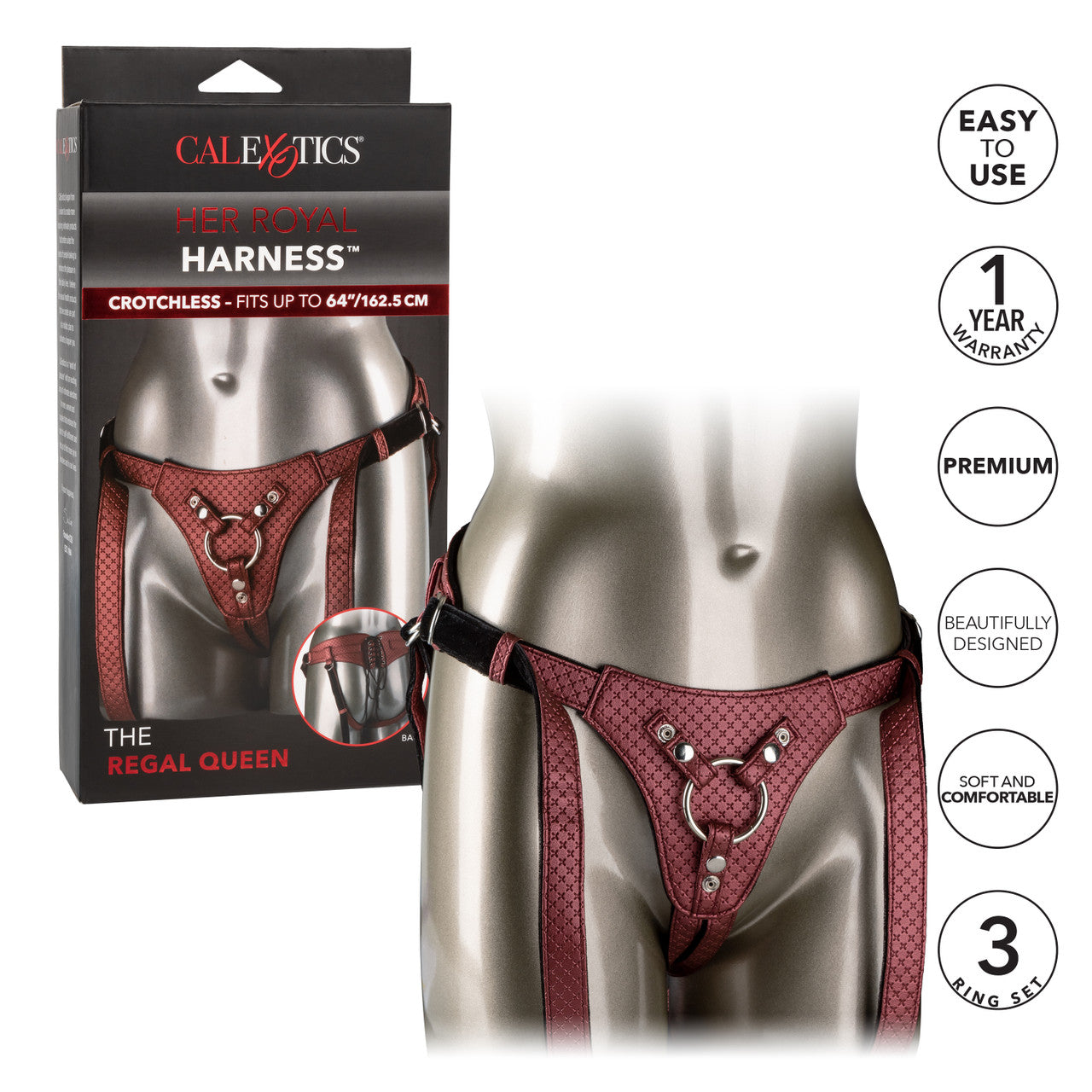 The Regal® Queen harness in Red Bronze or Gray Pewter, featuring a corset-inspired lace design, plush velvet lining, and adjustable buckle closure, perfect for customizable probe play.
luxurious strap-on, vegan leather harness, corset-style harness, plush velvet lining, adjustable buckle closure, phthalate-free harness, crotchless design, probe play harness, Red Bronze, Gray Pewter, premium harness.