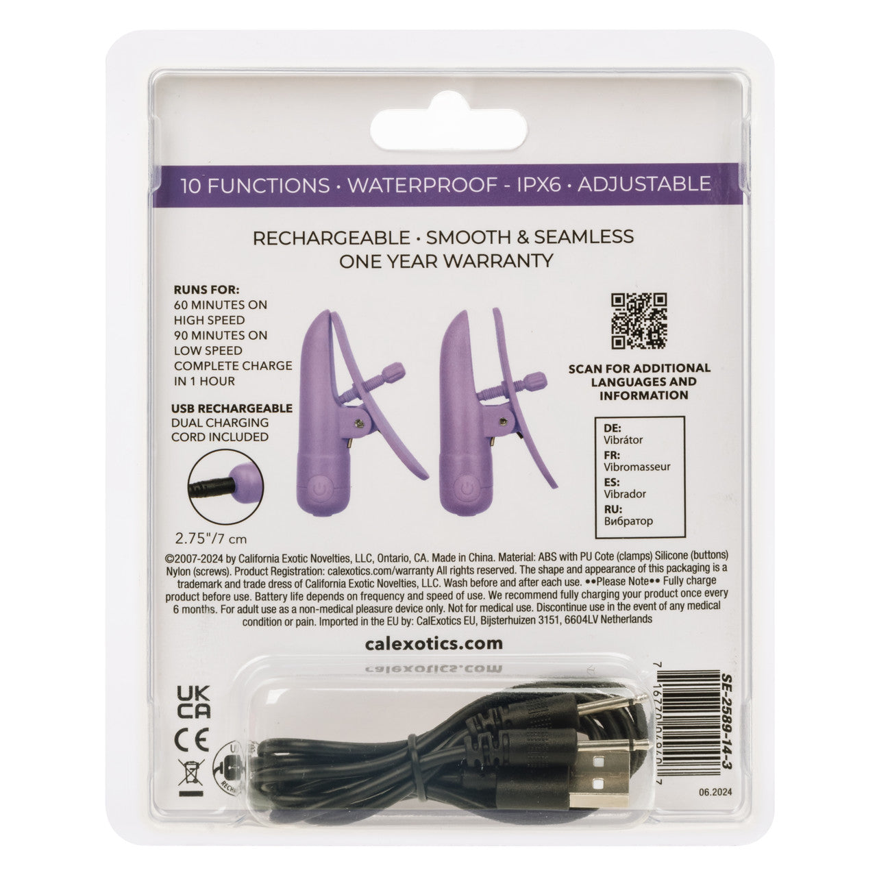 Nipplettes Rechargeable Nipple Clamps in pink or purple, with adjustable tension, 10 vibration functions, and waterproof, USB-rechargeable design.
pink nipple clamps, purple nipple clamps, adjustable nipple clamps, vibrating clamps, waterproof nipple clamps, USB rechargeable clamps, 10-function clamps, wearable nipple toys, sensory play accessories, stylish nipple clamps.