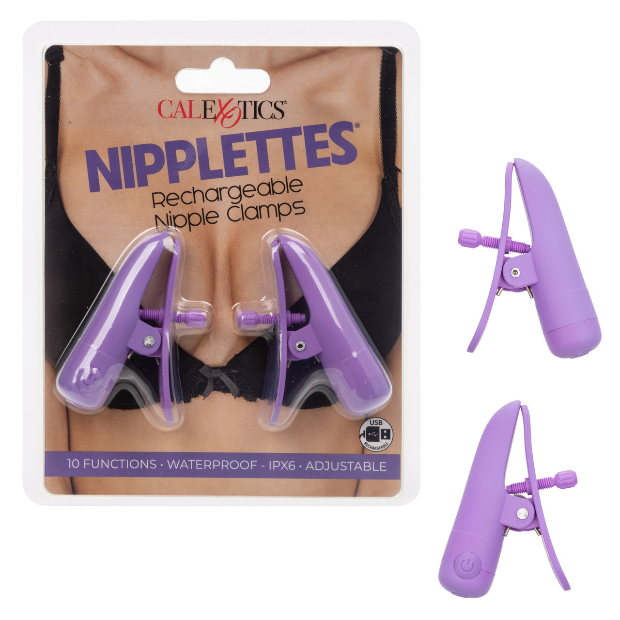 Nipplettes Rechargeable Nipple Clamps in pink or purple, with adjustable tension, 10 vibration functions, and waterproof, USB-rechargeable design.
pink nipple clamps, purple nipple clamps, adjustable nipple clamps, vibrating clamps, waterproof nipple clamps, USB rechargeable clamps, 10-function clamps, wearable nipple toys, sensory play accessories, stylish nipple clamps.
