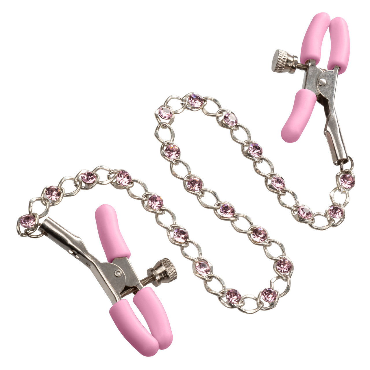 Adjustable nipple clamps with sparkling crystal chain. Enhance sensitivity and arousal with customizable tension. Nickel-free and silicone-coated for comfort.