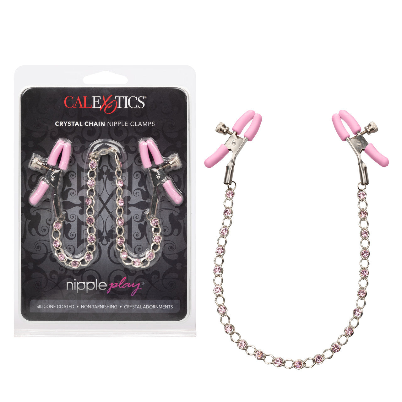 Adjustable nipple clamps with sparkling crystal chain. Enhance sensitivity and arousal with customizable tension. Nickel-free and silicone-coated for comfort.