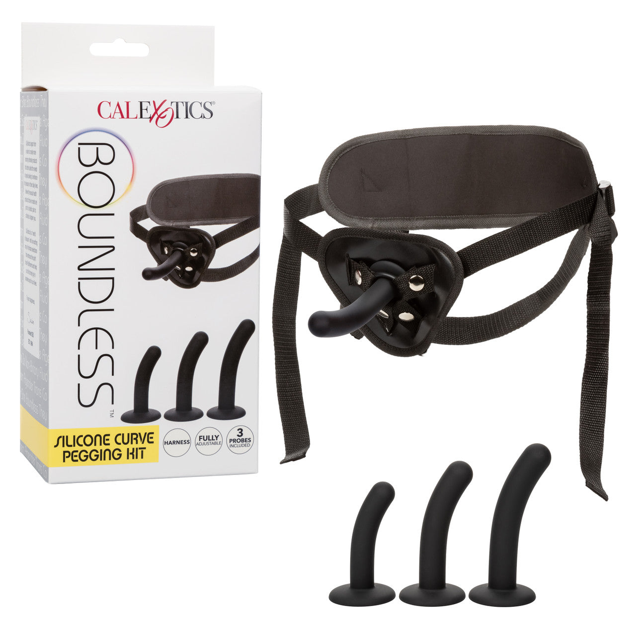 Boundless Silicone Curved Pegging Kit with adjustable harness and three curved silicone probes in small, medium, and large sizes.Keywords: curved silicone probes, pegging harness kit, adjustable harness strap-on, phthalate-free pegging kit, waterproof strap-on kit, beginner pegging kit, pegging toys for couples, curved prostate stimulators, silicone strap-on harness
