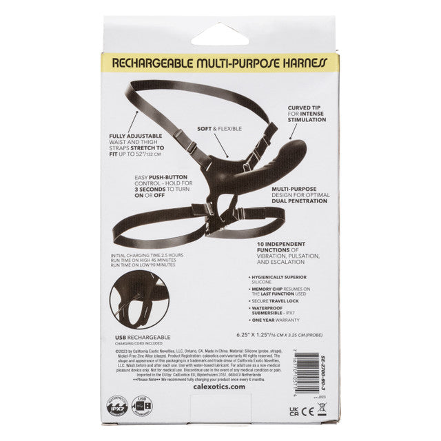 Boundless Multi-Purpose Rechargeable Harness with silicone vibrating probe, adjustable straps, and waterproof design for versatile pleasure.
Keywords: multi-purpose harness, vibrating strap-on, silicone probe harness, waterproof strap-on, phthalate-free harness, adjustable harness straps, 10-function vibrating probe, hands-free strap-on, rechargeable vibrating strap-on