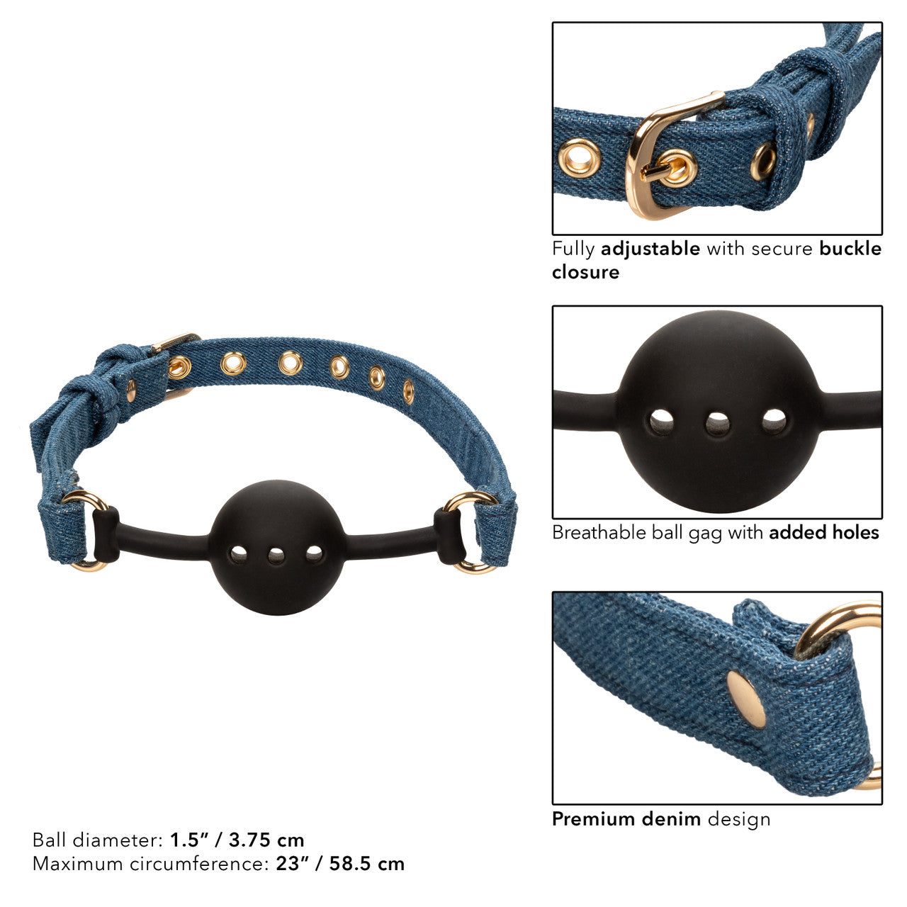Denim ball gag with breathable silicone ball and adjustable buckle for stylish BDSM play.
Keywords: denim ball gag, breathable ball gag, adjustable BDSM gag, Ride 'em™ ball gag, silicone ball gag, stylish bondage accessories, beginner BDSM gag, denim bondage gear, phthalate-free ball gag, premium BDSM ball gag.
