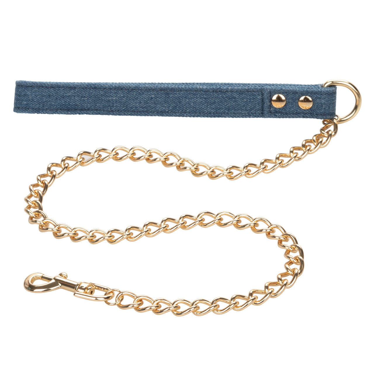 Denim collar with gold chains, adjustable buckle, and detachable leash for stylish BDSM play. Keywords: denim collar with leash, BDSM denim collar, adjustable collar with leash, Ride 'em™ denim collection, gold chain collar, stylish BDSM collar, dominance and submission accessories, adjustable denim collar, bondage collar with leash, denim power play collar.