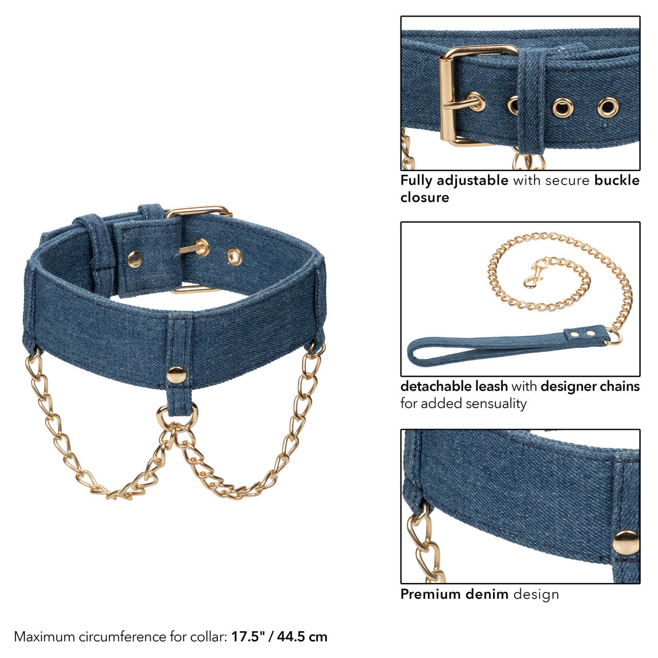 Denim collar with gold chains, adjustable buckle, and detachable leash for stylish BDSM play. Keywords: denim collar with leash, BDSM denim collar, adjustable collar with leash, Ride 'em™ denim collection, gold chain collar, stylish BDSM collar, dominance and submission accessories, adjustable denim collar, bondage collar with leash, denim power play collar.