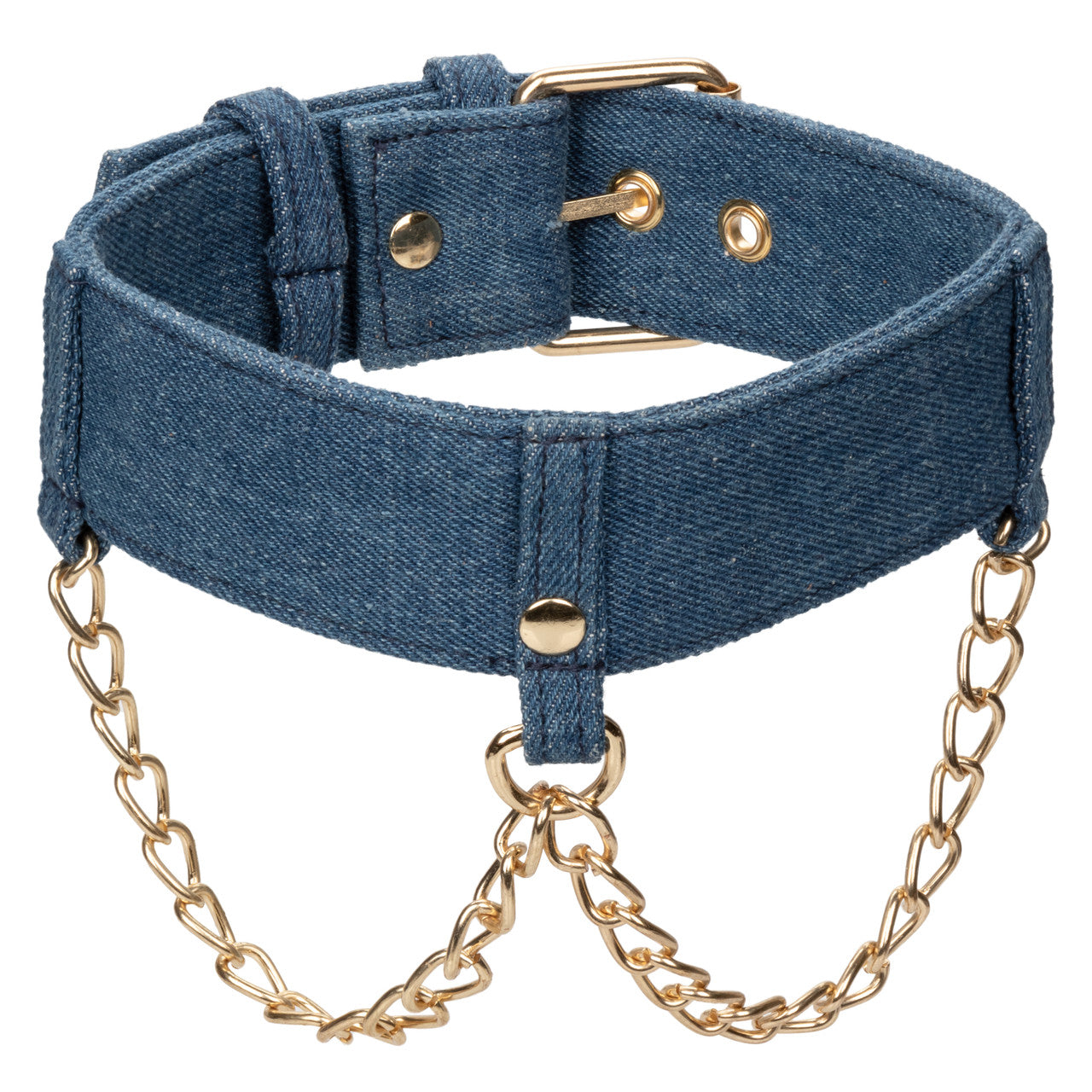 Denim collar with gold chains, adjustable buckle, and detachable leash for stylish BDSM play. Keywords: denim collar with leash, BDSM denim collar, adjustable collar with leash, Ride 'em™ denim collection, gold chain collar, stylish BDSM collar, dominance and submission accessories, adjustable denim collar, bondage collar with leash, denim power play collar.