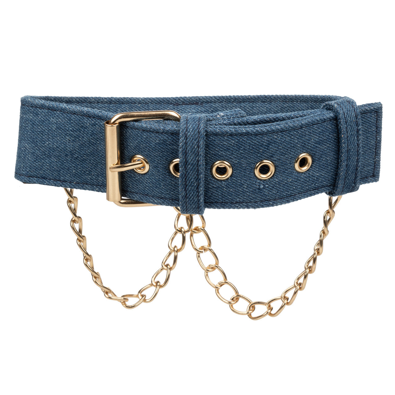 Denim collar with gold chains, adjustable buckle, and detachable leash for stylish BDSM play. Keywords: denim collar with leash, BDSM denim collar, adjustable collar with leash, Ride 'em™ denim collection, gold chain collar, stylish BDSM collar, dominance and submission accessories, adjustable denim collar, bondage collar with leash, denim power play collar.