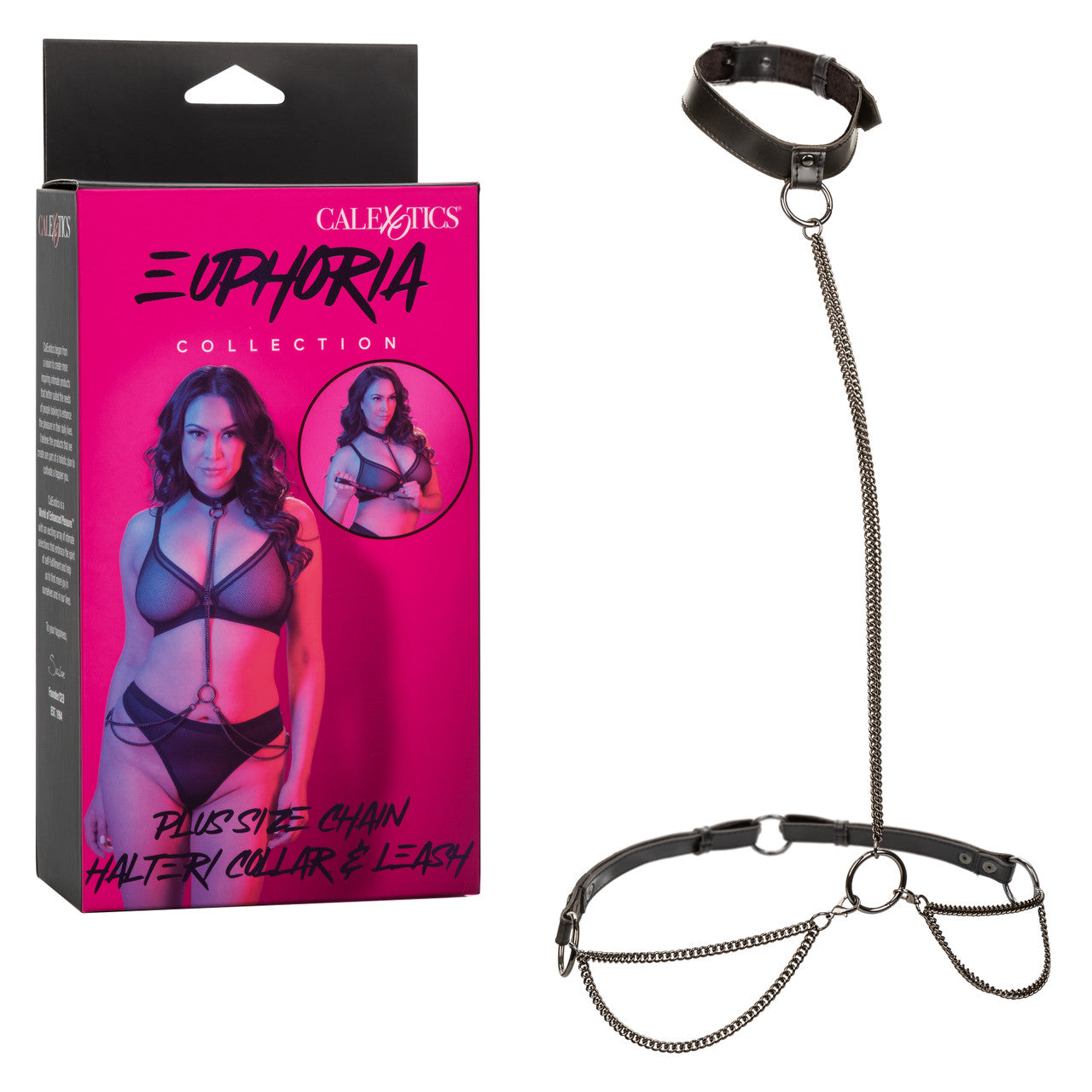 Plus-size chain halter/collar and leash with vegan leather, velvet lining, and adjustable straps for style and sensual play.