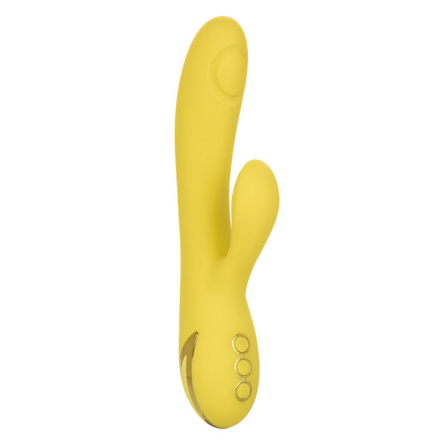 California Dreaming® San Diego Seduction rabbit vibrator with tapping clitoral teaser and G-spot shaft thumping.
rabbit vibrator with tapping, G-spot and clitoral vibrator, triple motor vibrator, silicone waterproof vibrator, rechargeable rabbit vibrator, customizable tapping vibrator, 10-function rabbit vibrator, 3-speed shaft vibrator, luxury yellow vibrator.