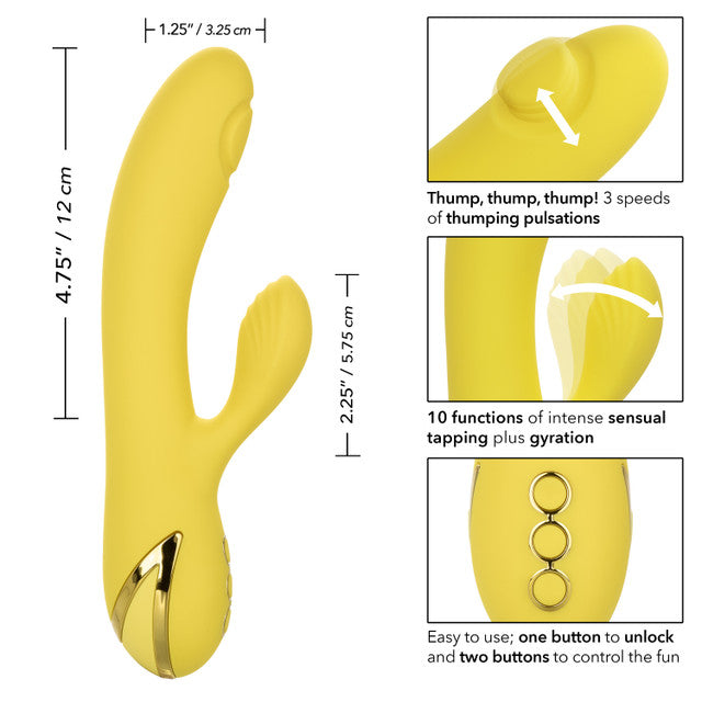 California Dreaming® San Diego Seduction rabbit vibrator with tapping clitoral teaser and G-spot shaft thumping.
rabbit vibrator with tapping, G-spot and clitoral vibrator, triple motor vibrator, silicone waterproof vibrator, rechargeable rabbit vibrator, customizable tapping vibrator, 10-function rabbit vibrator, 3-speed shaft vibrator, luxury yellow vibrator.