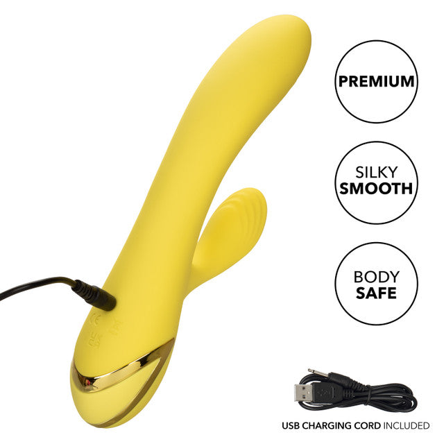 California Dreaming® San Diego Seduction rabbit vibrator with tapping clitoral teaser and G-spot shaft thumping.
rabbit vibrator with tapping, G-spot and clitoral vibrator, triple motor vibrator, silicone waterproof vibrator, rechargeable rabbit vibrator, customizable tapping vibrator, 10-function rabbit vibrator, 3-speed shaft vibrator, luxury yellow vibrator.