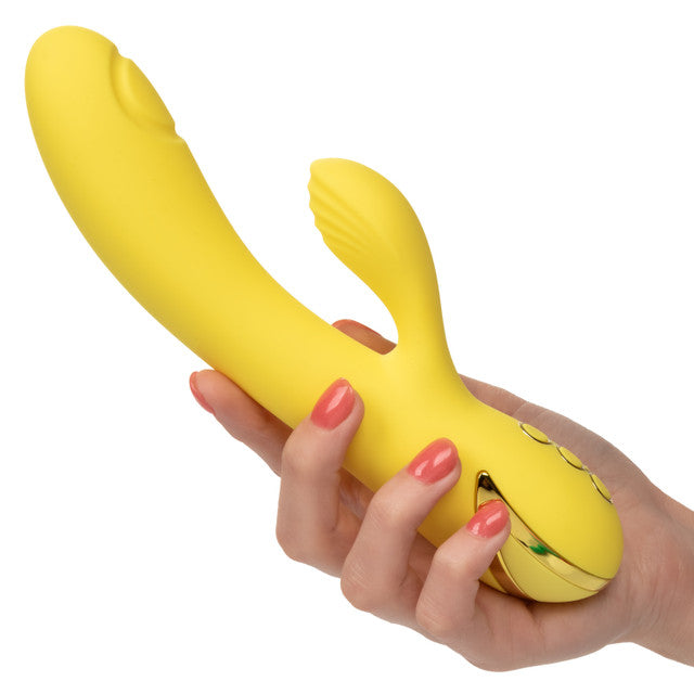 California Dreaming® San Diego Seduction rabbit vibrator with tapping clitoral teaser and G-spot shaft thumping.
rabbit vibrator with tapping, G-spot and clitoral vibrator, triple motor vibrator, silicone waterproof vibrator, rechargeable rabbit vibrator, customizable tapping vibrator, 10-function rabbit vibrator, 3-speed shaft vibrator, luxury yellow vibrator.