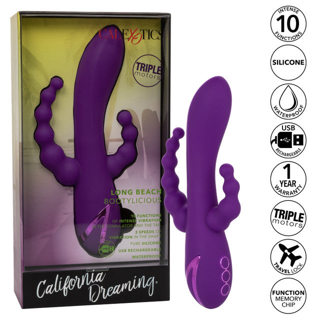 The California Dreaming® Long Beach Bootylicious is a triple-action vibrator with a G-spot shaft, clitoral teaser, and vibrating tail. With 3 speeds, 10 functions, and independent controls, it’s designed for ultimate pleasure.
triple-action vibrator, G-spot and clitoral vibrator, vibrating tail, dual-penetration vibrator, silicone waterproof vibrator, rechargeable triple-action massager, clitoral teaser vibrator, versatile vibrator, 10-function vibrator.