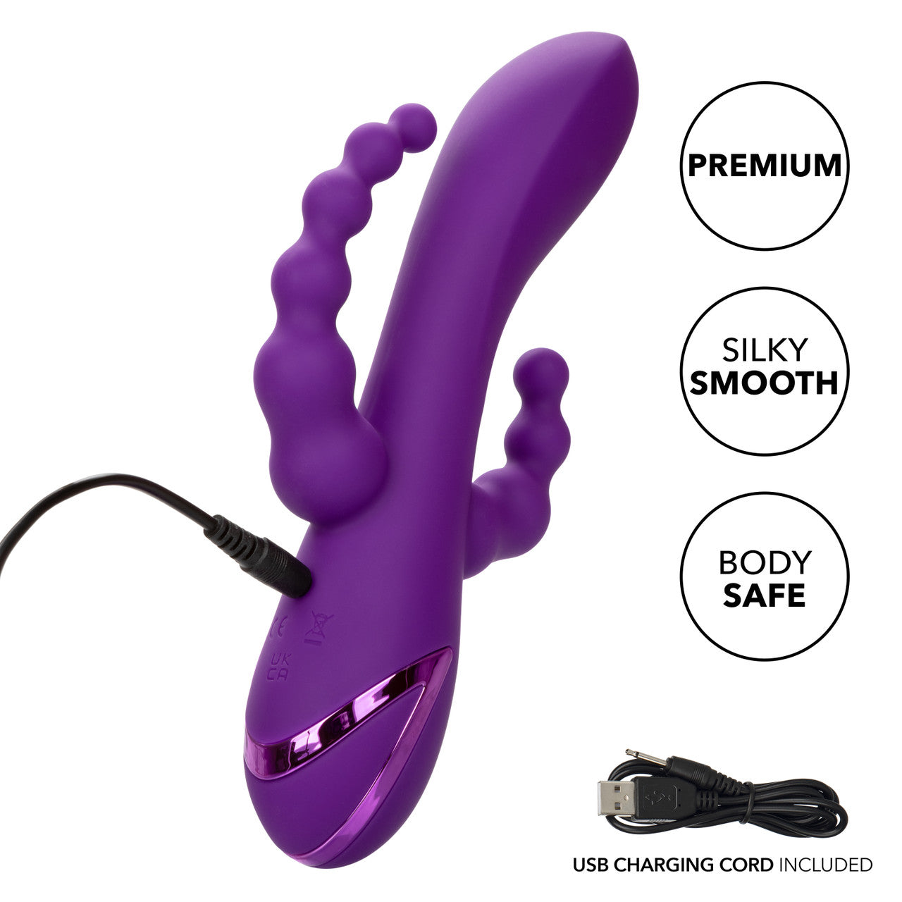 The California Dreaming® Long Beach Bootylicious is a triple-action vibrator with a G-spot shaft, clitoral teaser, and vibrating tail. With 3 speeds, 10 functions, and independent controls, it’s designed for ultimate pleasure.
triple-action vibrator, G-spot and clitoral vibrator, vibrating tail, dual-penetration vibrator, silicone waterproof vibrator, rechargeable triple-action massager, clitoral teaser vibrator, versatile vibrator, 10-function vibrator.