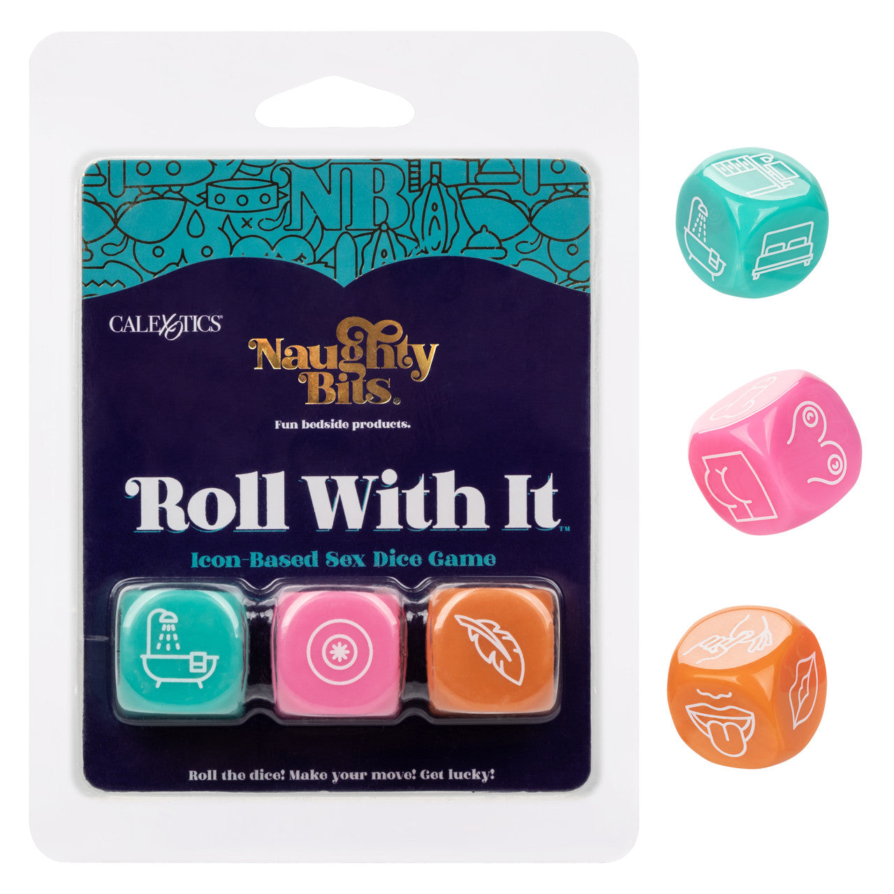 Naughty Bits® Roll With It™ Sex Dice Game with three acrylic dice for playful, seductive fun in the bedroom.
sex dice game, couples dice game, playful bedroom game, seductive dice set, acrylic sex dice, Naughty Bits collection, fun couples game, kinky dice game, bedroom play ideas