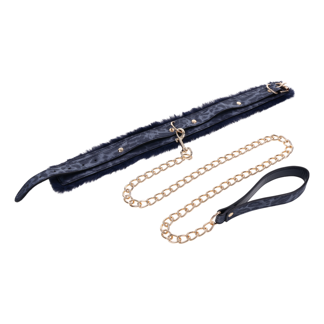 Cougar Fur Collar & Leash with royal blue faux fur lining, adjustable faux leather collar, and gold-plated leash for luxurious play.
