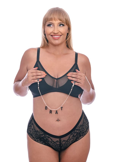 nipple clamps with chain, brat charm nipple clamps, adjustable tension clamps, rose gold nipple clamps, BDSM nipple play tools, kink accessories, Sportsheets nipple clamps, erotic bondage toys