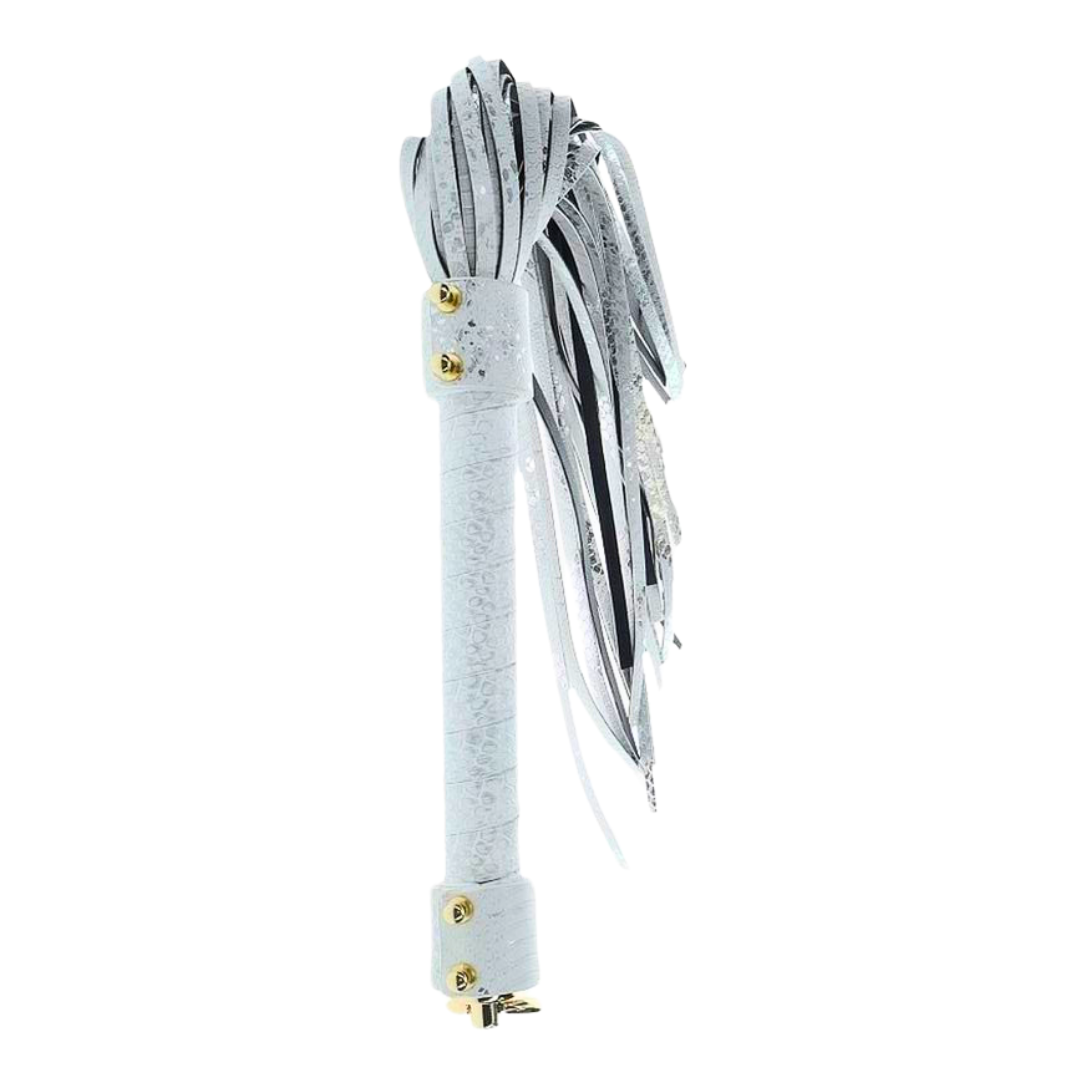 Elegant flogger with a textured handle, gold-tone accents, and durable falls, available in blue, white, and black, perfect for stylish BDSM play.
