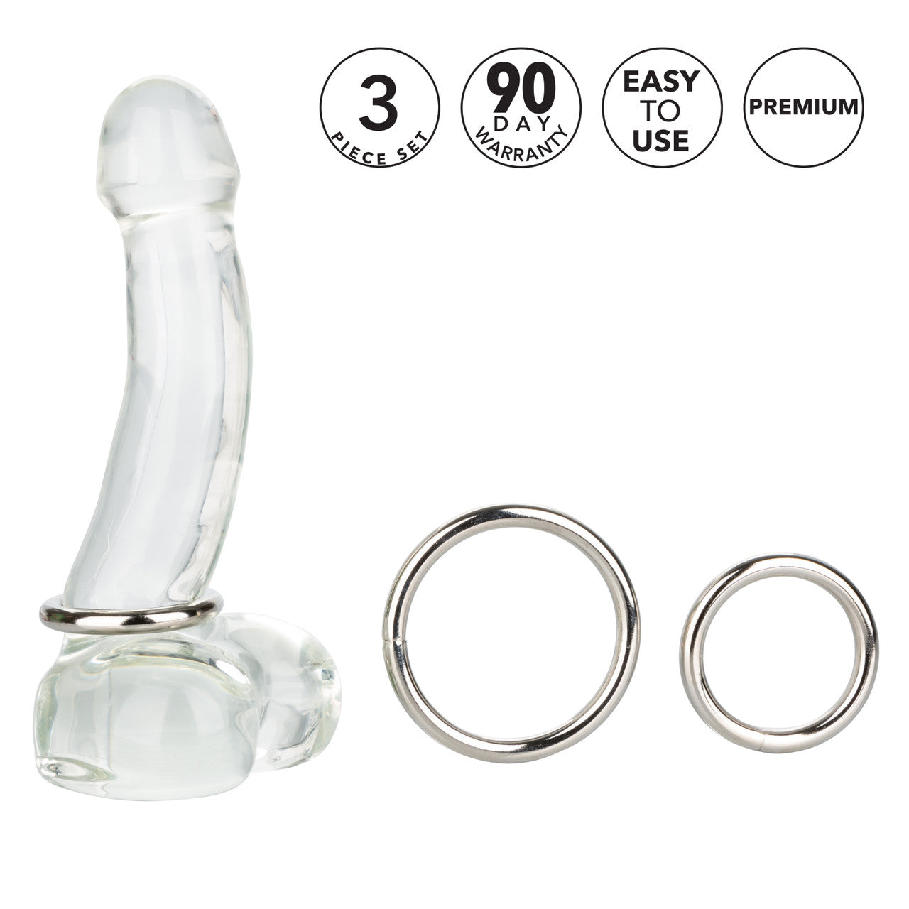 Silver Cock Rings - Metal/Silver - 3 Piece Set
Silver Ring 3-Piece Set of solid steel cock rings, small (1.25"), medium (1.5"), large (2"), enhances erections, doubles as strap-on harness replacements, phthalate-free.
metal cock rings, solid steel cock rings, strap-on harness replacement rings, erection enhancer, advanced sex toy, body-safe metal rings, waterproof cock rings, phthalate-free pleasure rings.